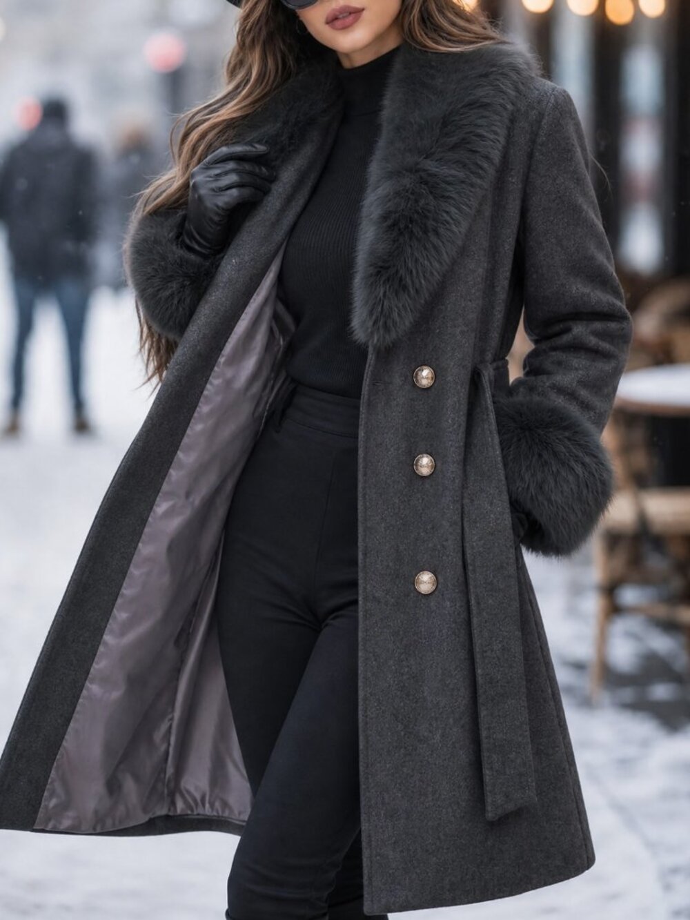 Grey Elegant Women's Double-Breasted Shawl Collar Lined Jacket